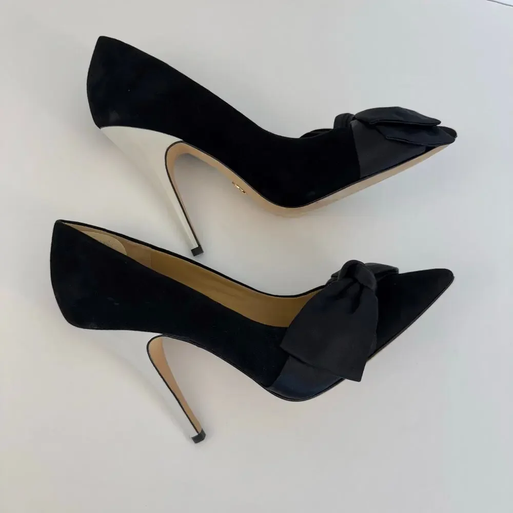 Tory Burch Bow Suede Pointed-Toe Pumps Black/White Shoes Heels 9M